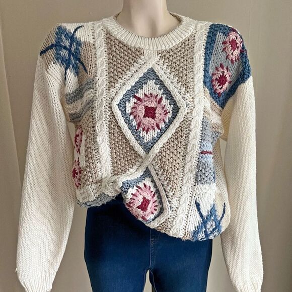 Vintage 90s Huntington Ridge Patchwork Knit Sweater | Hand Knit Ramie Blend | S - Picture 1 of 11